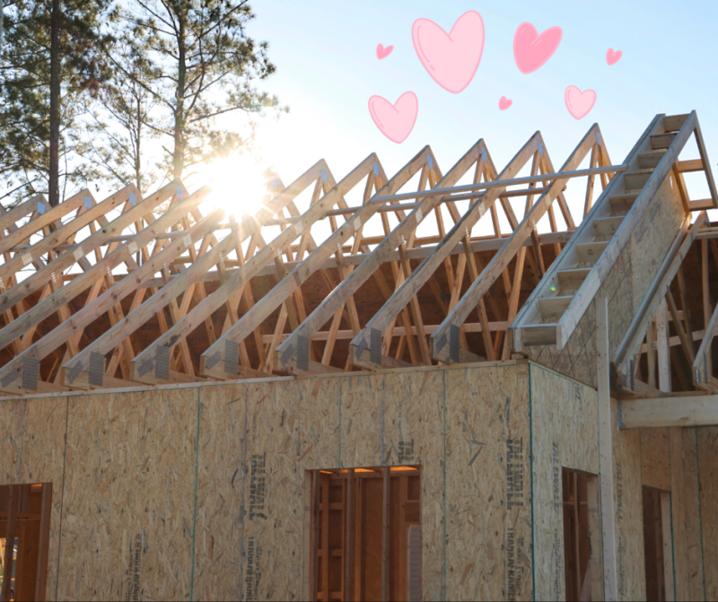 Habitat Construction site with Valentine's Day heart graphics