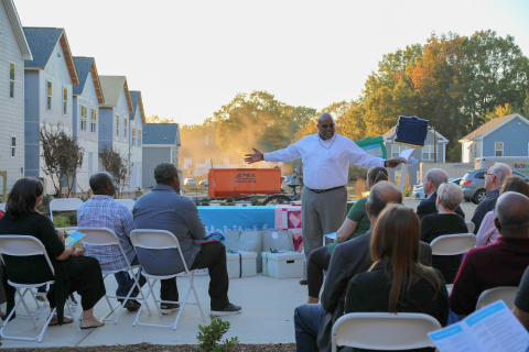 Rev. Paul Atlas of Amanah Rush African Methodist Episcopal Zion Church at the dedication of the first two homes in the Flower’s Place neighborhood in Knightdale